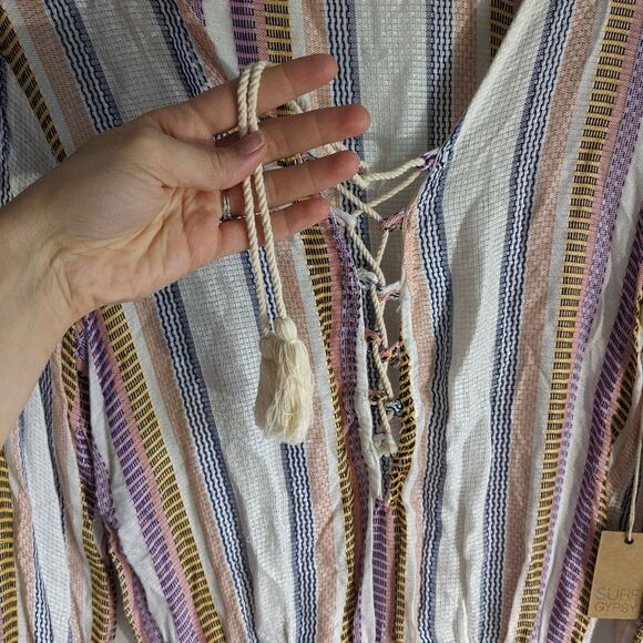 Surf Gypsy Striped Lace Up Front Boho Beachy Tassel Romper NWT Women's Size M - Picture 4 of 9